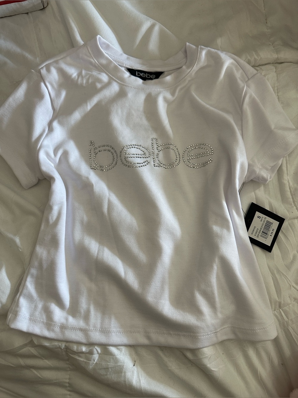 bebe White Rhinestone Logo Tee - womens size small